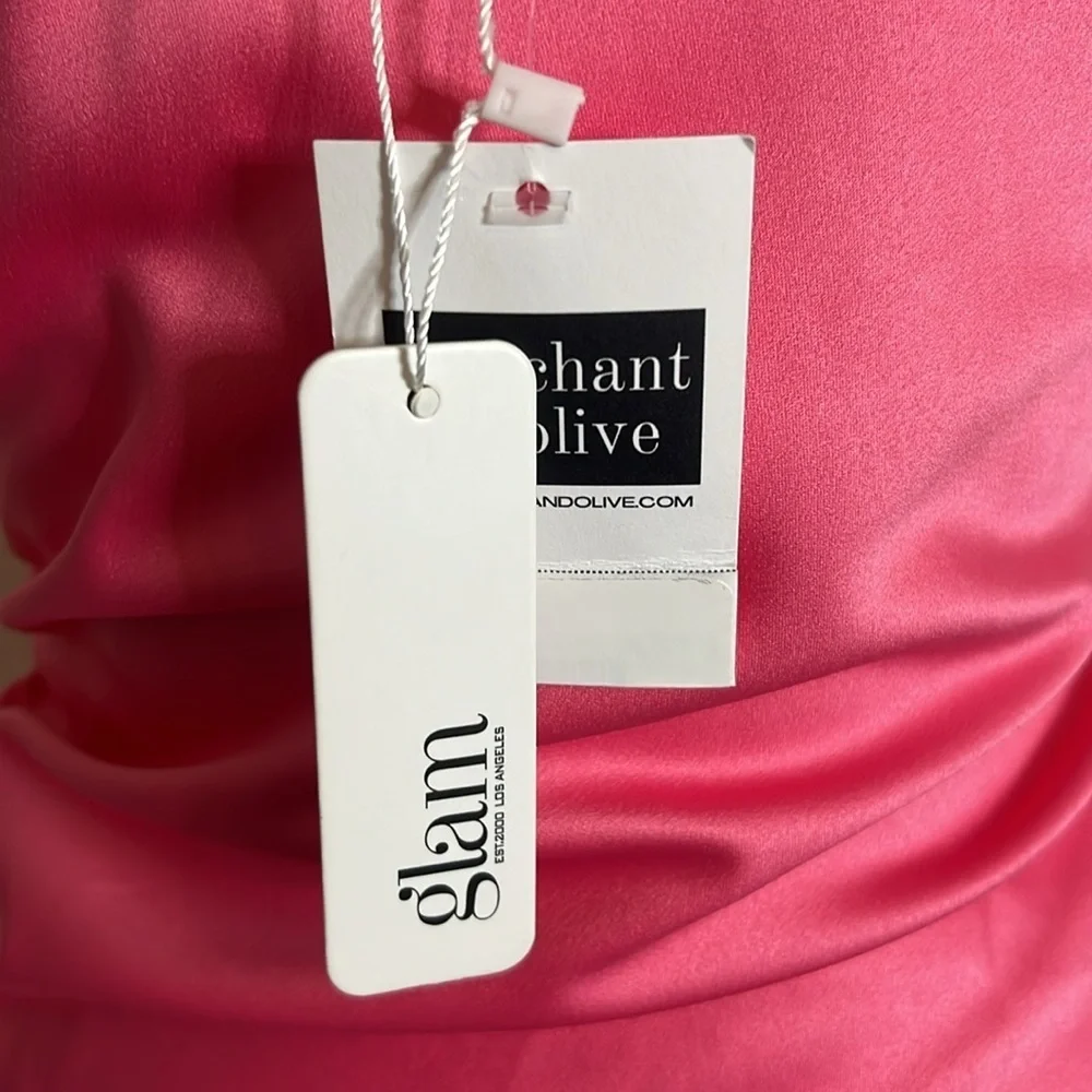 Glam Hot Pink Satin Slip Midi Dress Ruched Barbiecore Cocktail Party Womens S - Picture 11 of 11